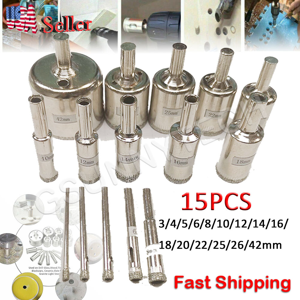 15pcs Diamond Hole Saw Drill Bit Set Glass Ceramic Tile Saw Cutting Tool 3-42mm