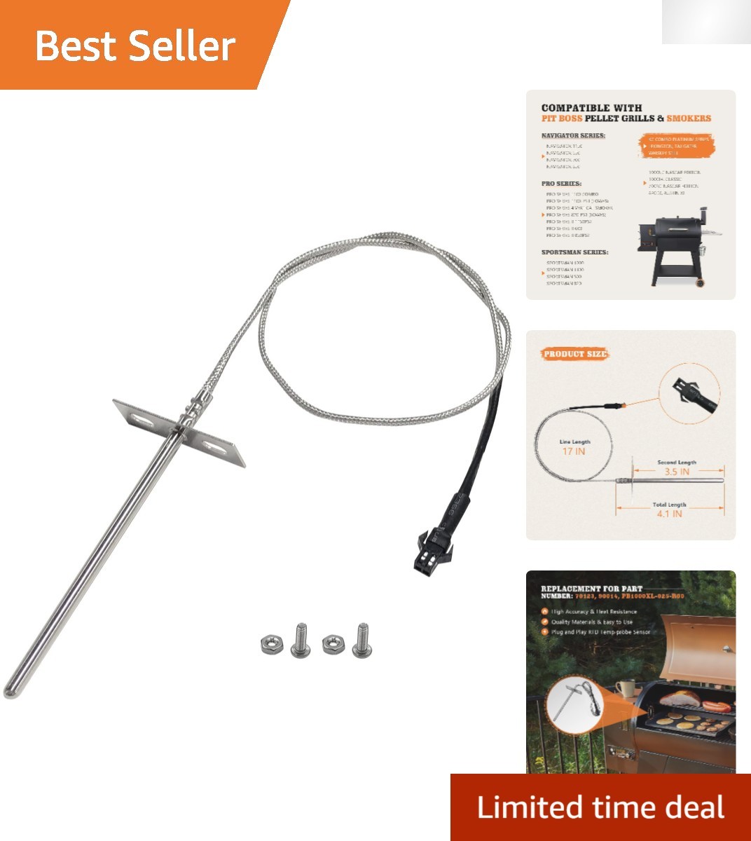 Stainless Steel Meat Probe Sensor Compatible with Pit Boss Smokers & Grills
