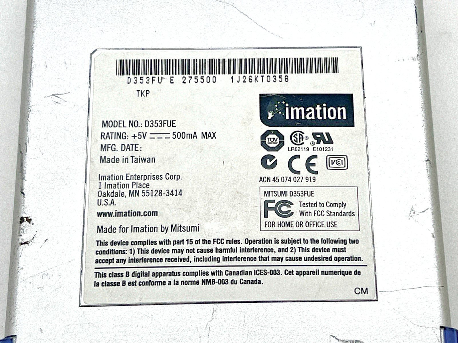 IMATION FLOPPY DISK DRIVE USB EXTERNAL DRIVE MODEL D353FUE w/USB CABLE