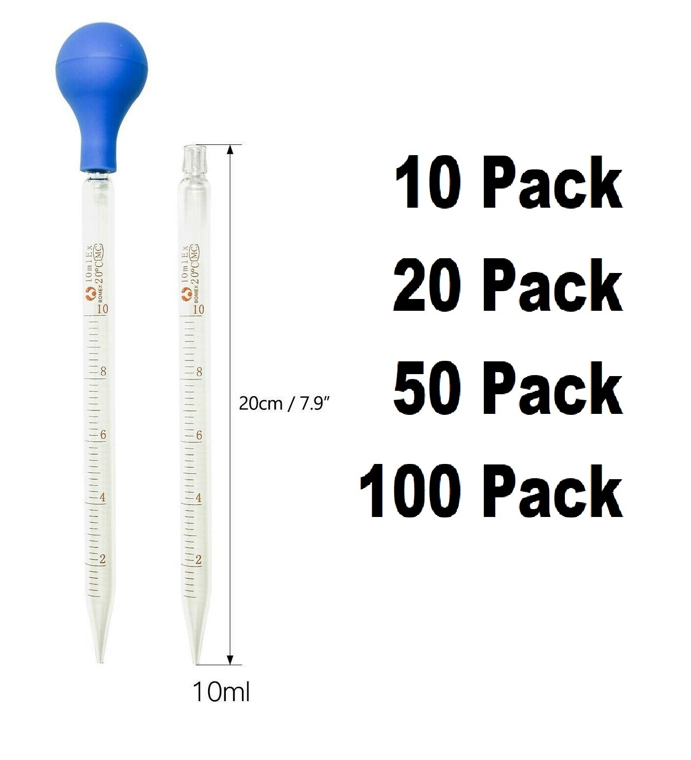 Lot of 10 20 50 100 Glass Graduated Pipettes Dropper(10ml) with Blue Rubber Cap