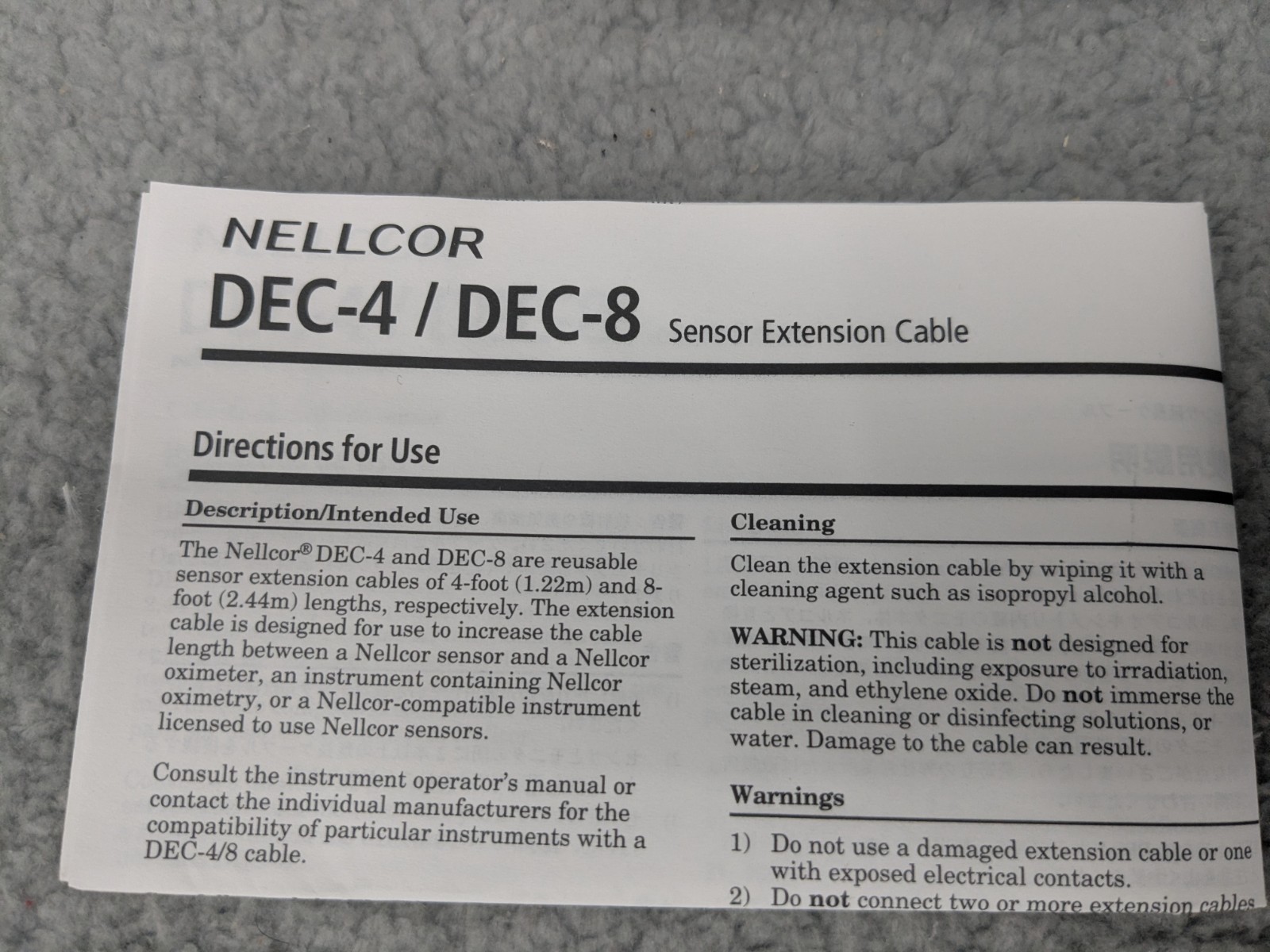 Nellcor DEC-4 SPO2 Sensor Extension Cable, New Open Box, Tyco,