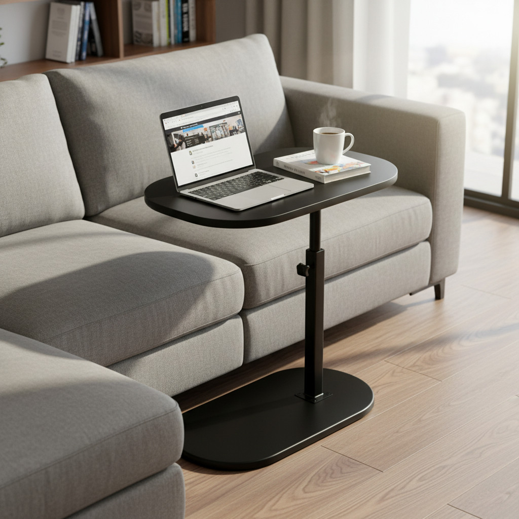 47*32cm Black Height Adjustable Swivel Side Table, C-Shaped Sofa End Table