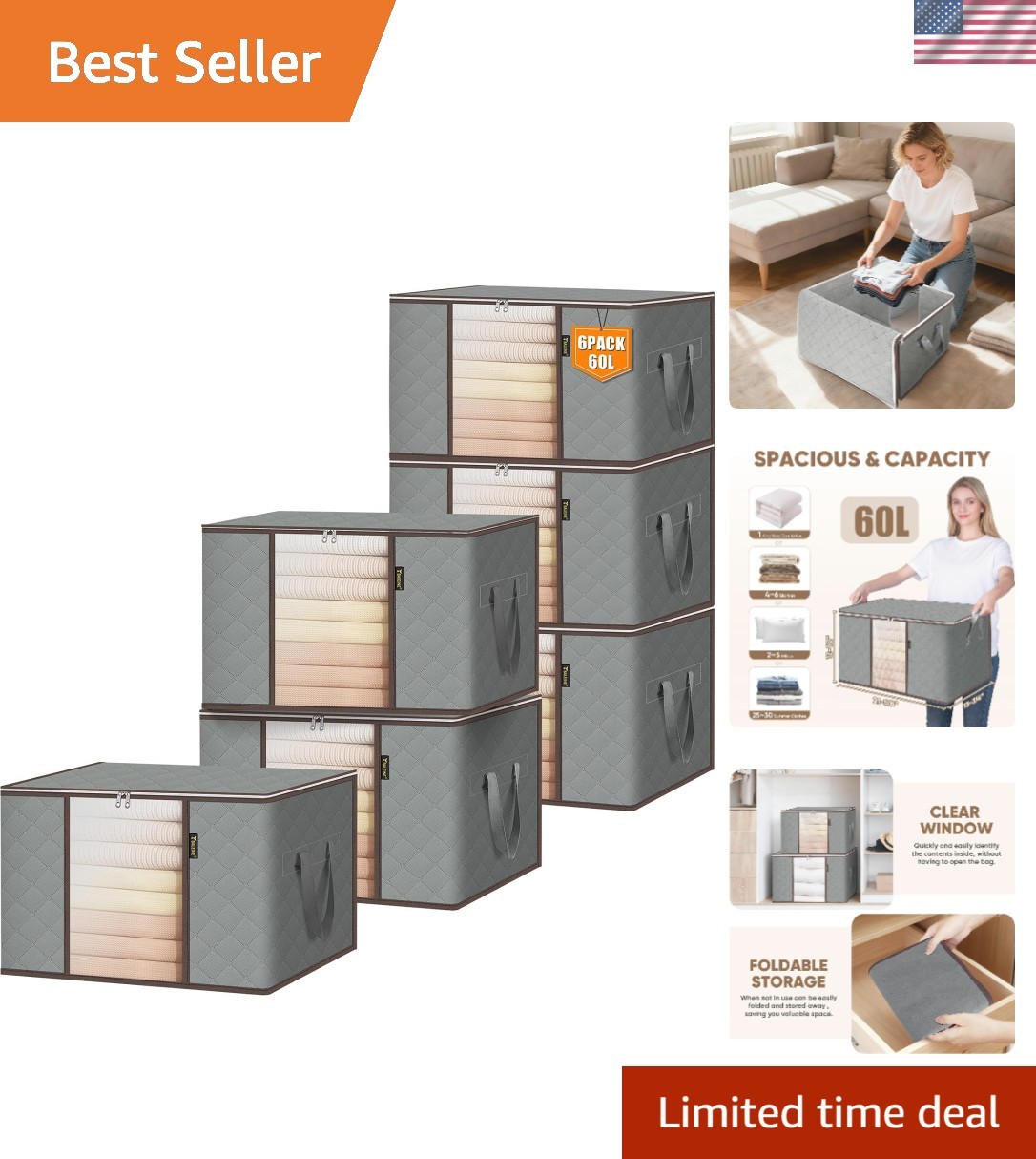 Effortless Organization: 6 Pack 16 Gallon Breathable Storage Bags in Grey
