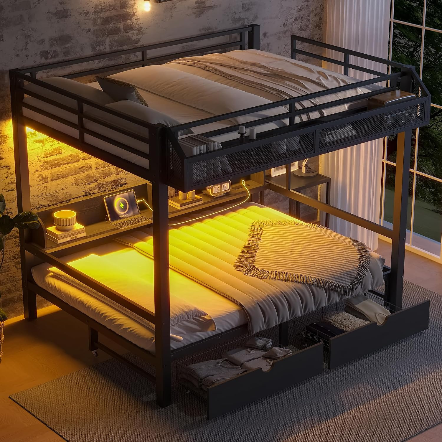 Queen over Queen Bunk Bed with Storage Shelves and Drawers, Metal Bedframe with