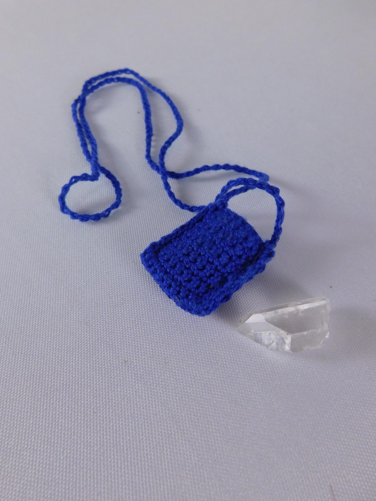 Handmade Blue Crocheted Pouch Necklace Small Crystal Holder Sachet Pendant