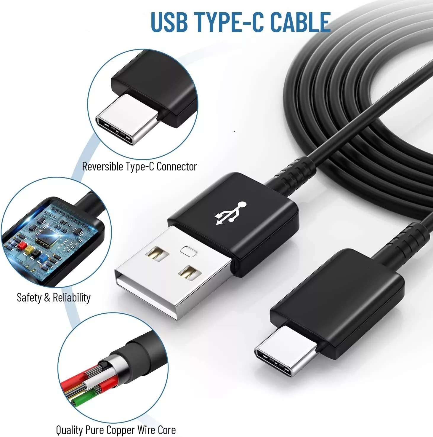 USB Type-C Fast Charging Cable for Samsung Galaxy /Android Phone Universal Black