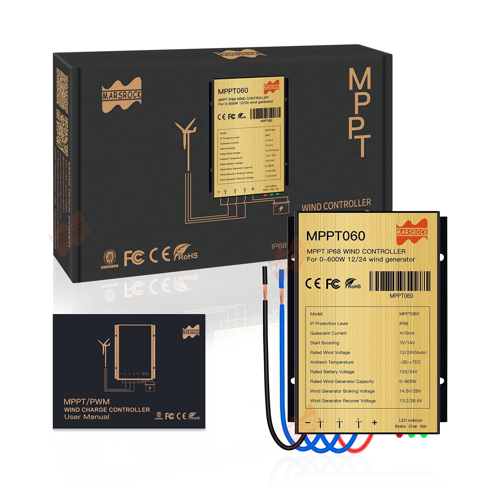 Marsrock 0600W Mini Wind Charge Discharge Mppt Controller Ip67 Waterproof