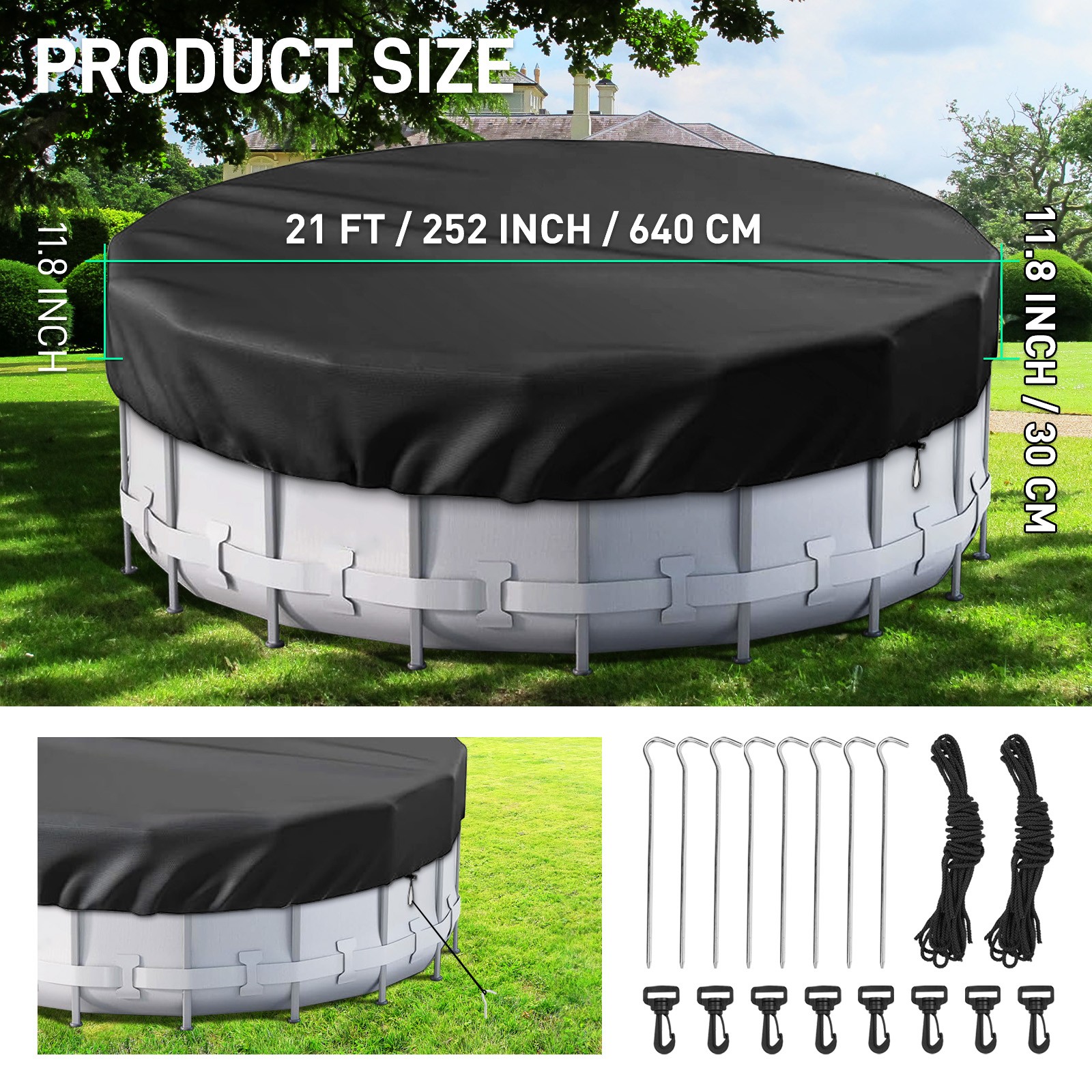 Windproof Circular Pool Cover with Accessories For Ground Pool 21Ft Diameter