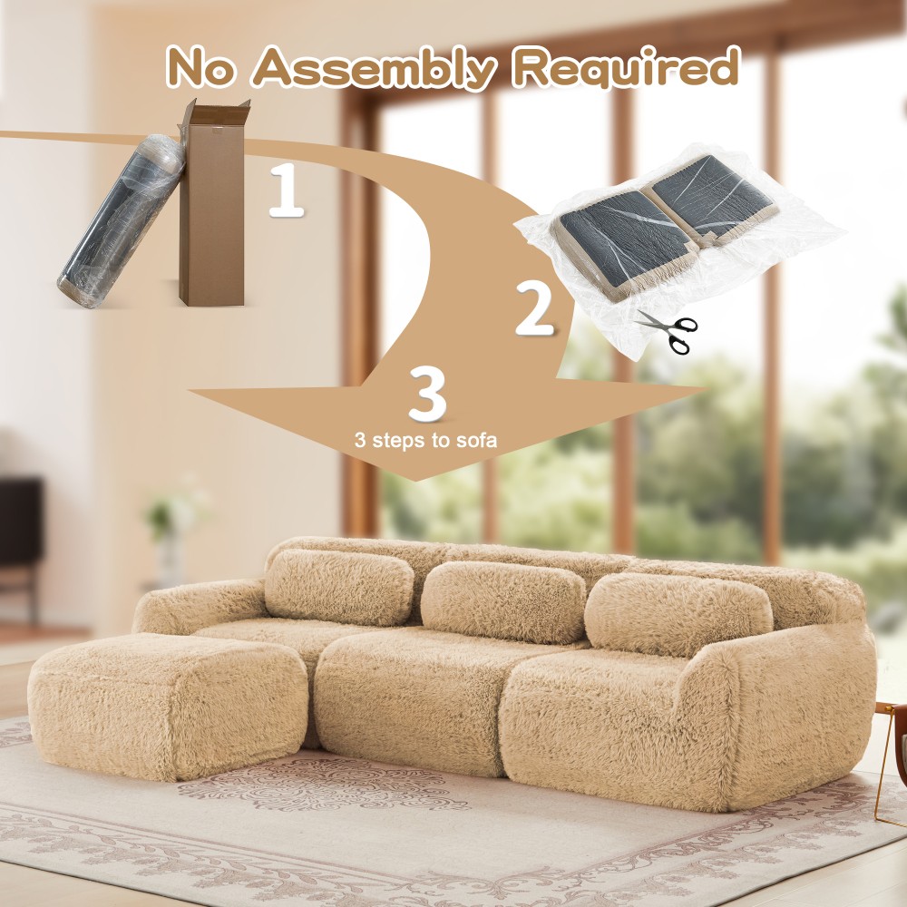 L-Shaped Plush Modular Sofa w/Ottoman, Light Khaki, No Assembly