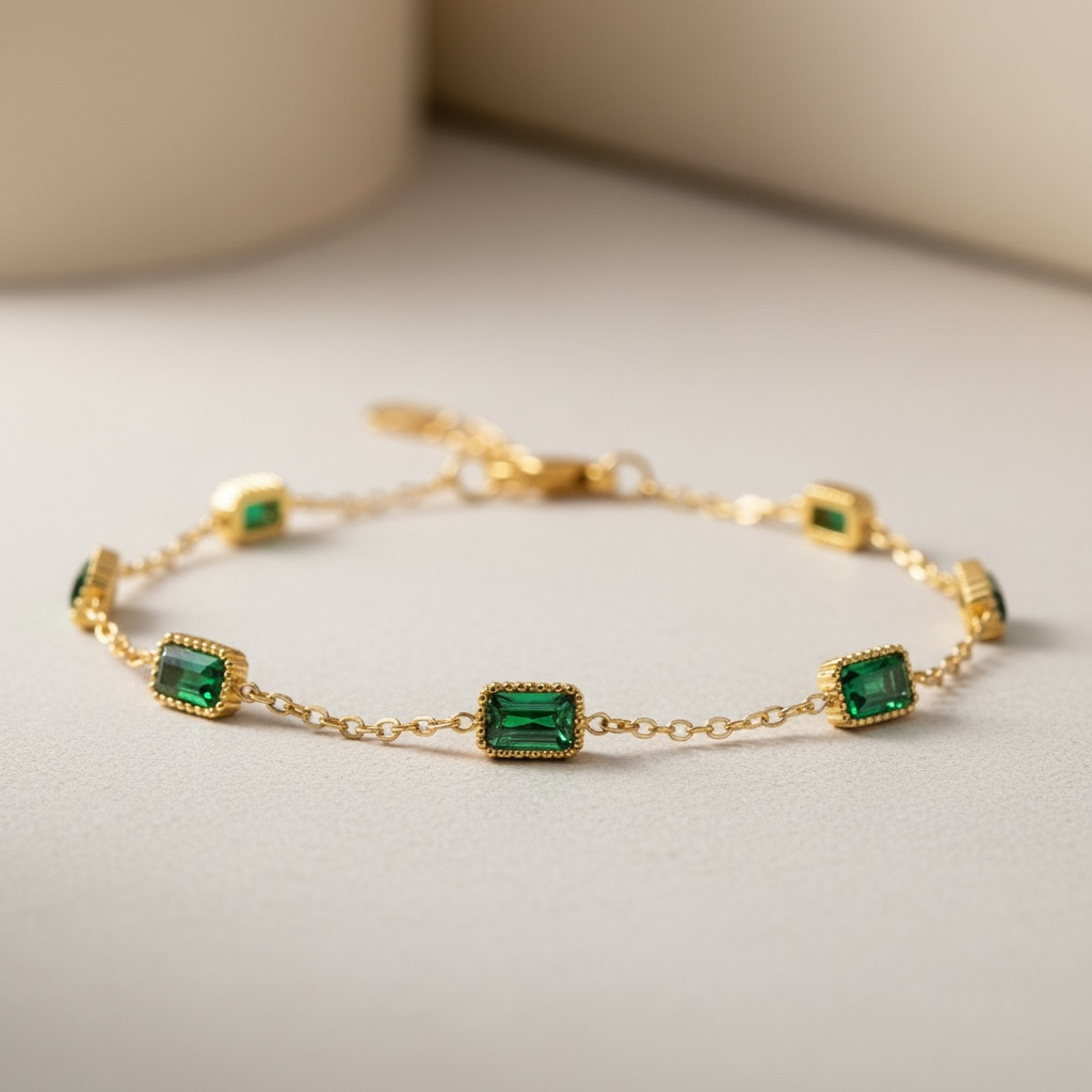 Baguette Bracelet - Dainty Emerald Cut Emerald Bracelet - May Birthstone Gold Je