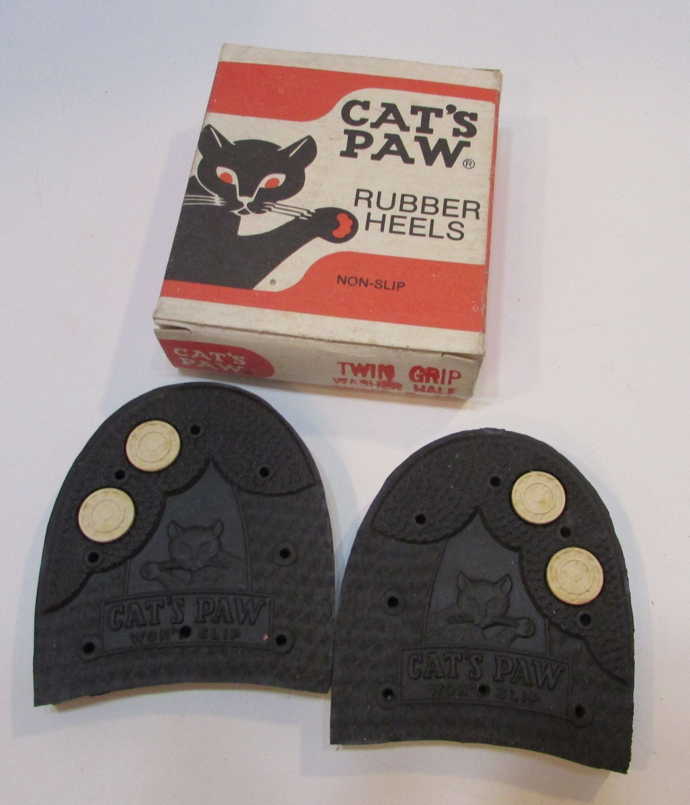 Vintage 60s Cats Paw Black Rubber Twin Grip Washer Half Shoe Heels sz 9-10 w Box
