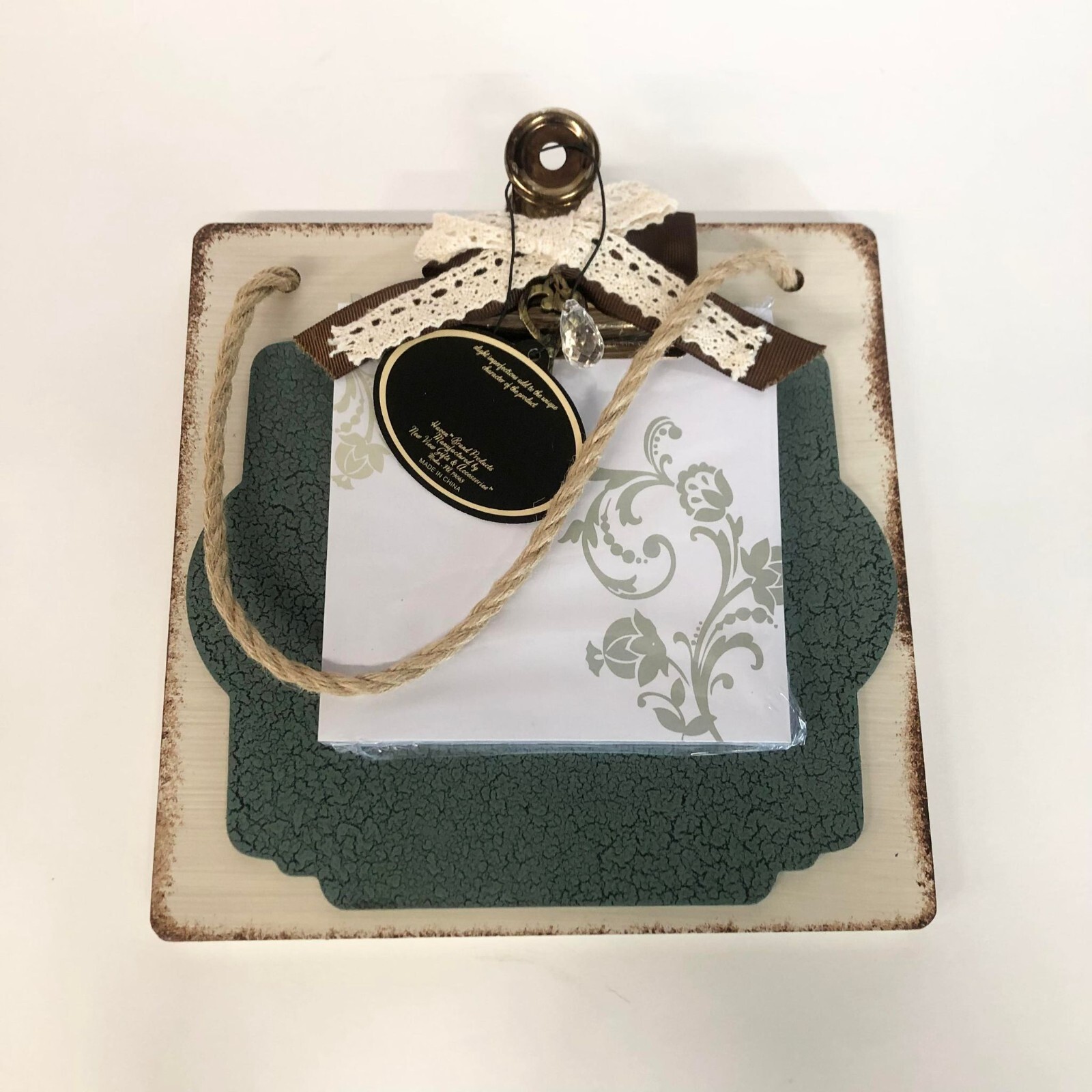 New View Haven Wooden Hanging Note Pad with Metal Clip & Lace Ribbon, 8x8 Green