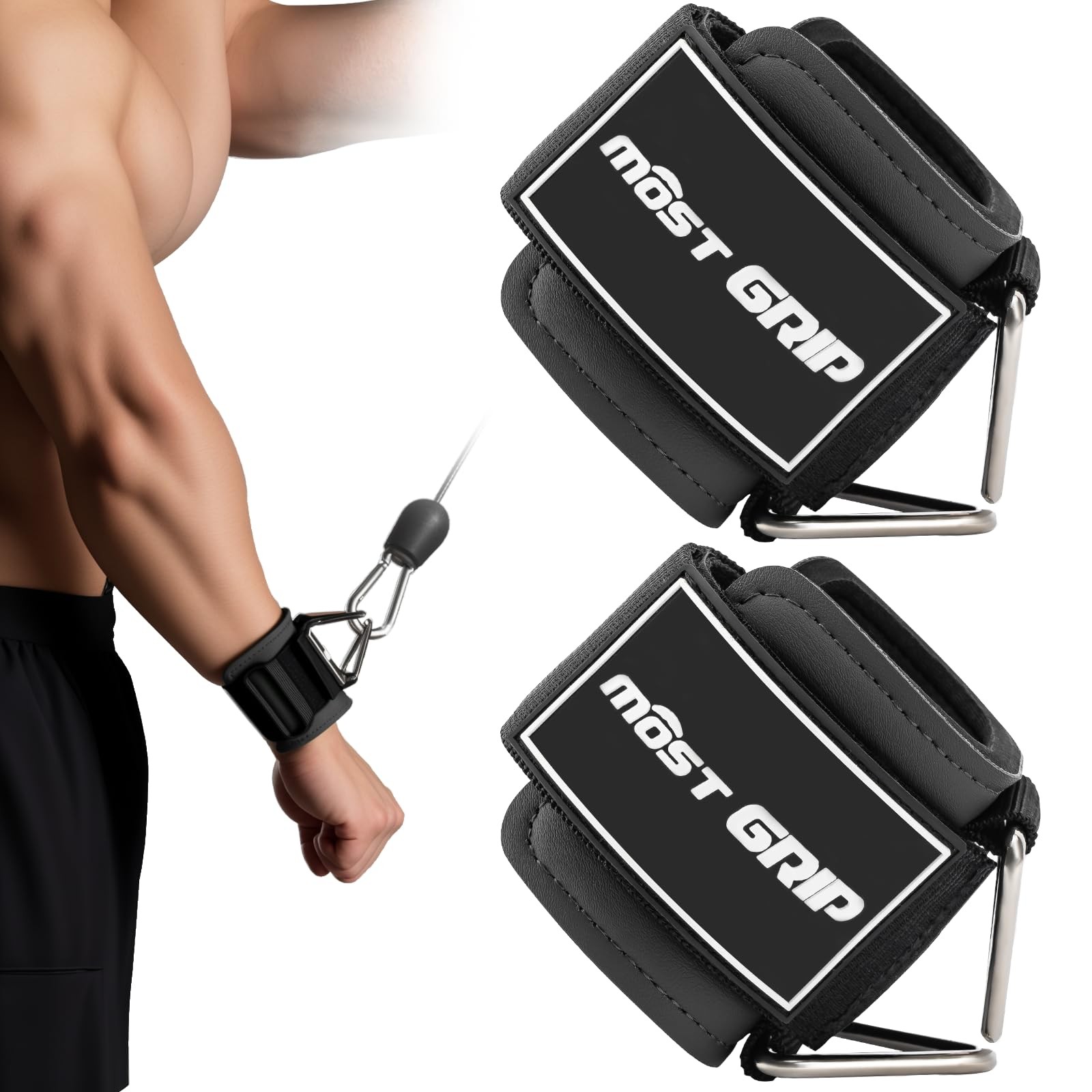 Wrist Cuffs with D-Ring, Wraps for Weightlifting Glossy Black