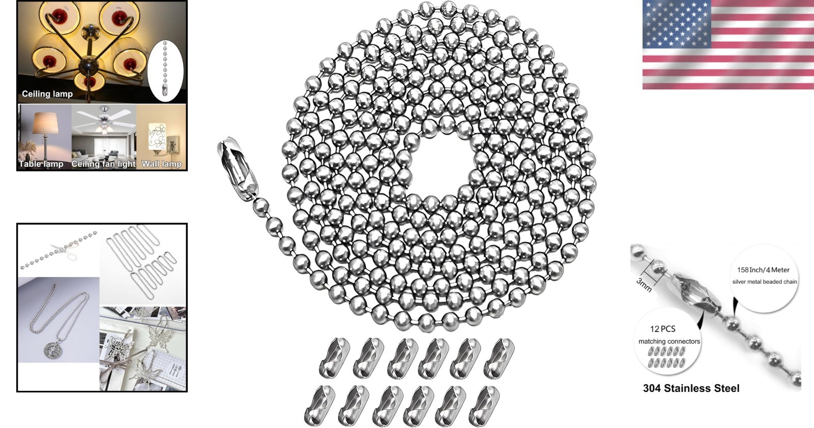 Customizable Silvery Pull Chain Extender - 158 inches with 12 Connectors