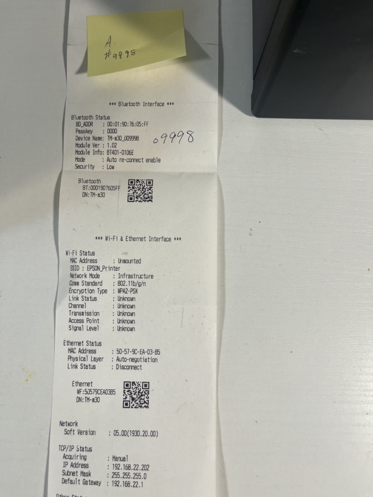 EPSON TMm30ii BLUETOOTH LAN Printer + Power Supply TESTED #a9998