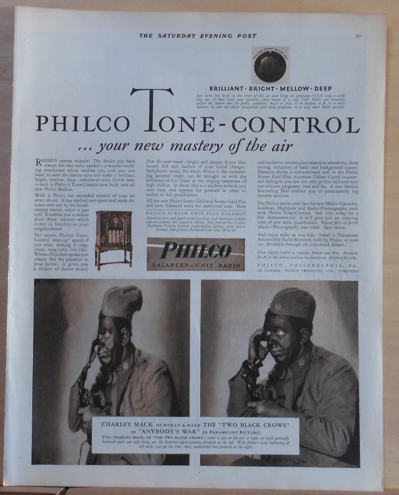 1930 magazine ad for Philco - Highboy radio, Charley Mack of Two Black Crows