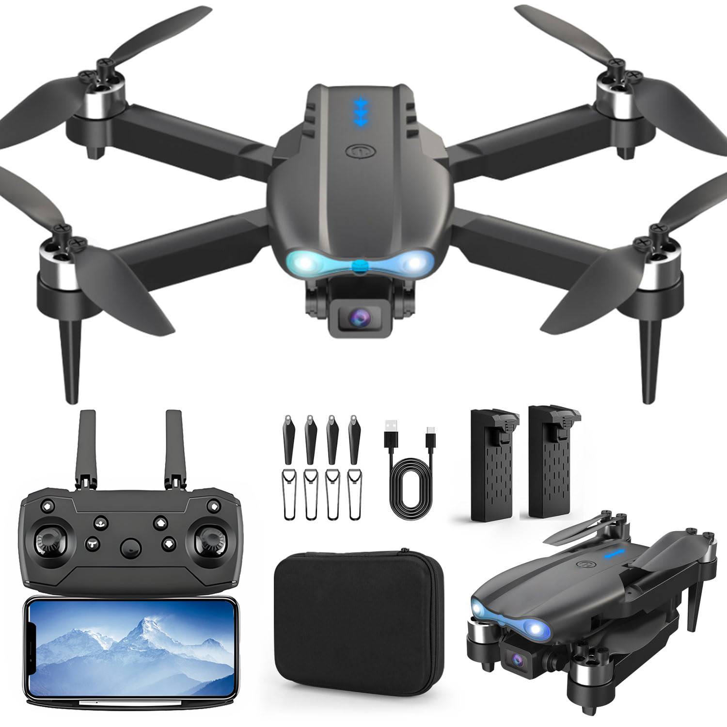 4K HD Camera Drone WiFi FPV RC Foldable Dual Camera with 1/2 Batteries