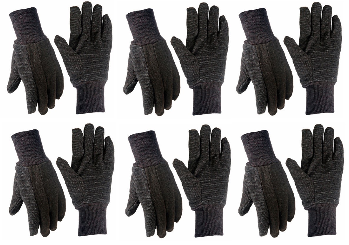 (6) pair True Grip 9117-26 Mens Large Brown Jersey Gloves w Mini Gripper Dots
