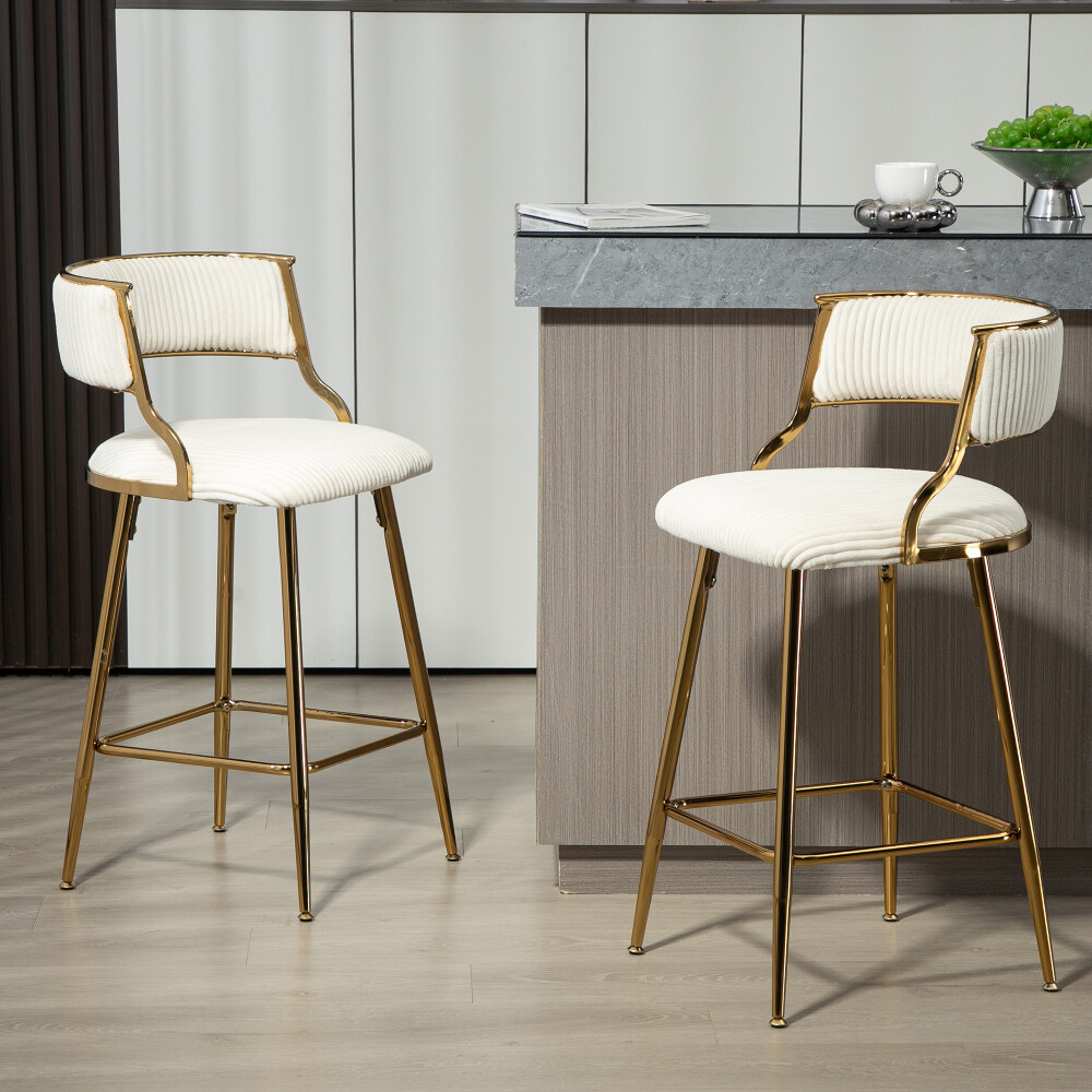 2pcs 26'' Counter Bar Stools Corduroy Kitchen Counter Bar Stool w/ Back Footrest