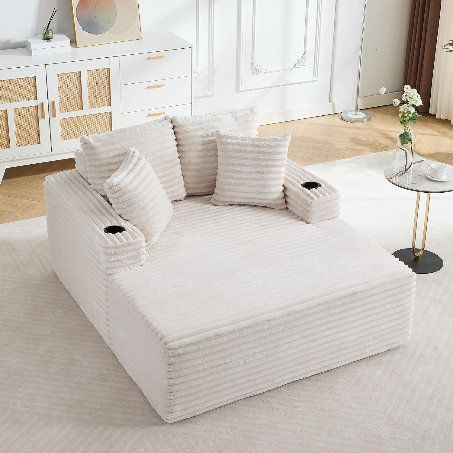 64In Oversized Corduroy Fabric Bone-Free Sofa Bed Cloud Sofa with Cup Holders an