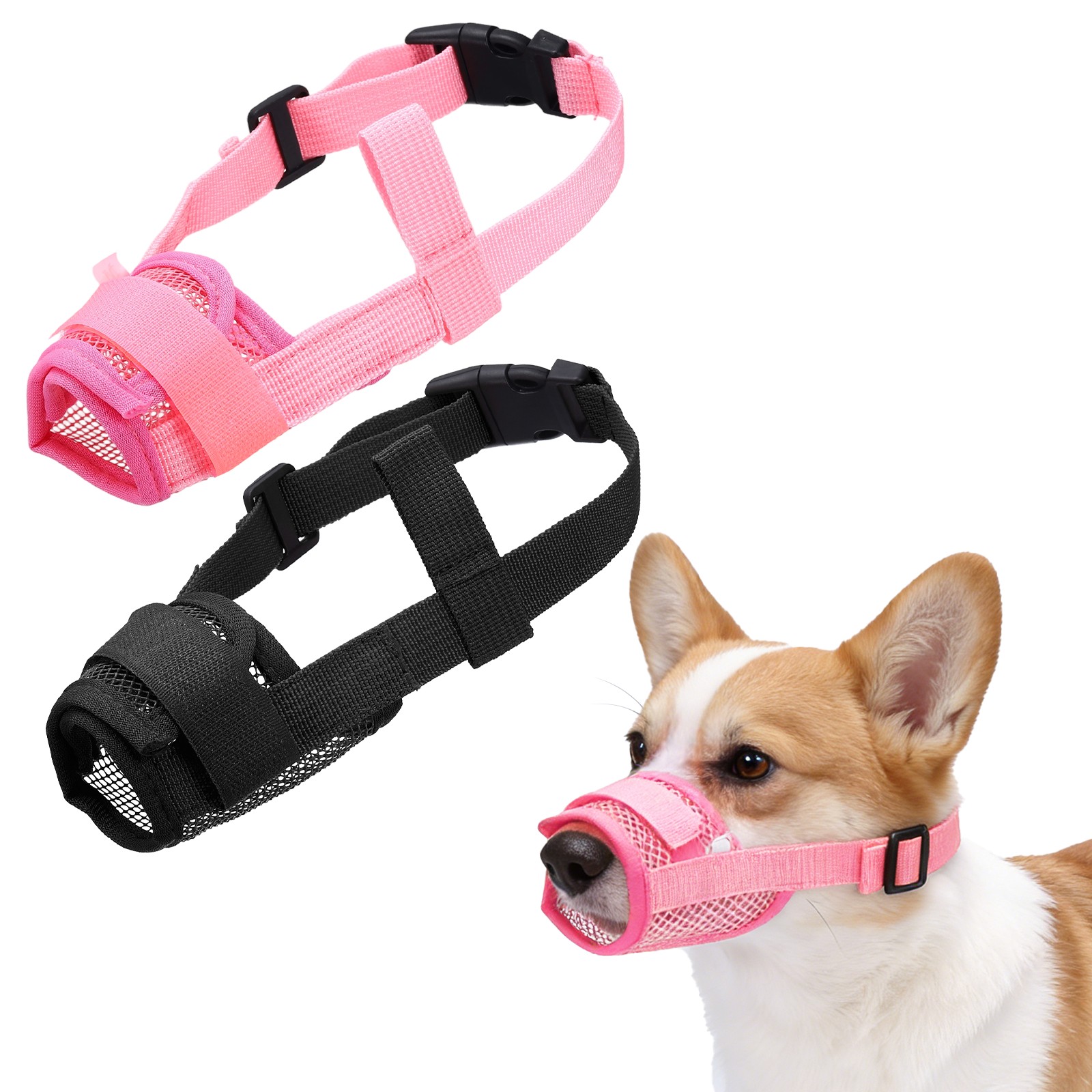 Dog Muzzle, Soft Mesh Muzzle Mouth Guard Cover(2Pcs, Black, Pink, L)