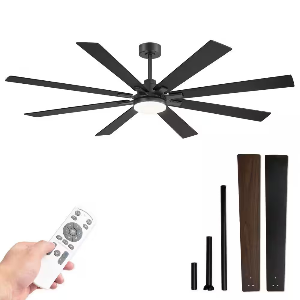 72 In. Large Black Indoor/Outdoor Ceiling Fanwith LED Light Remote Standard Down