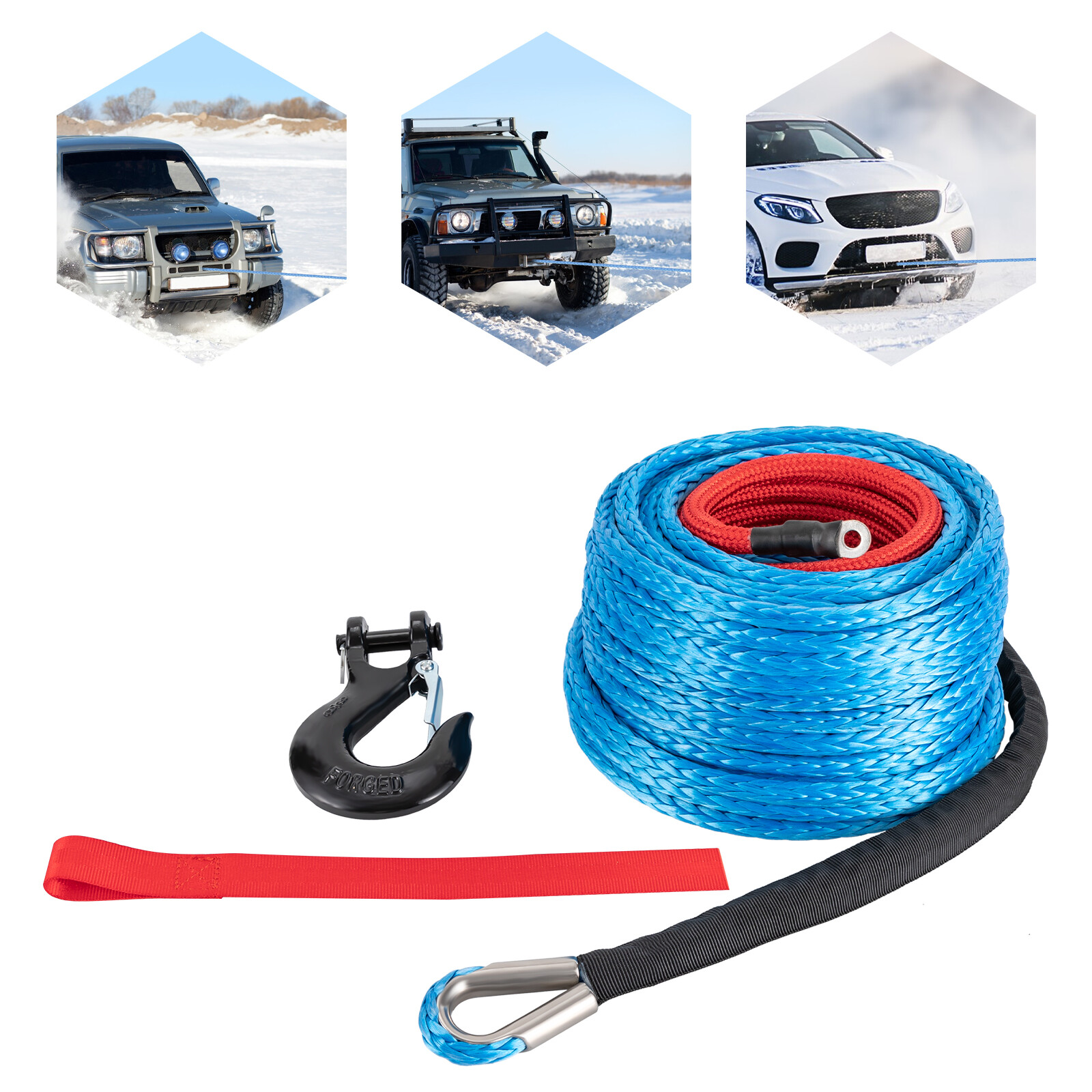 3/8"x100' Synthetic Winch Rope w/ Hook Winch Cable w/Protective Sleeve New