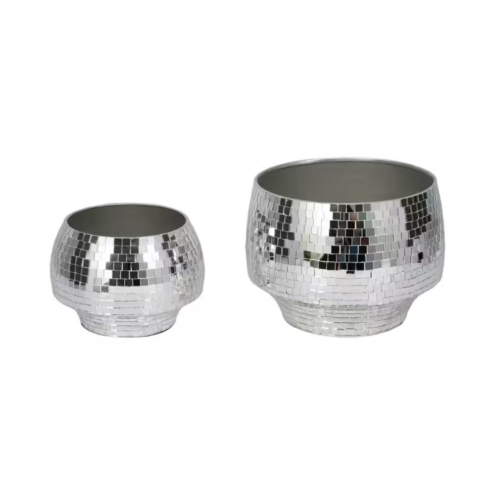 9 In. and 11 In. Silver Metal Curved Disco Mosaic Tile Decorative Pots (Set of 2