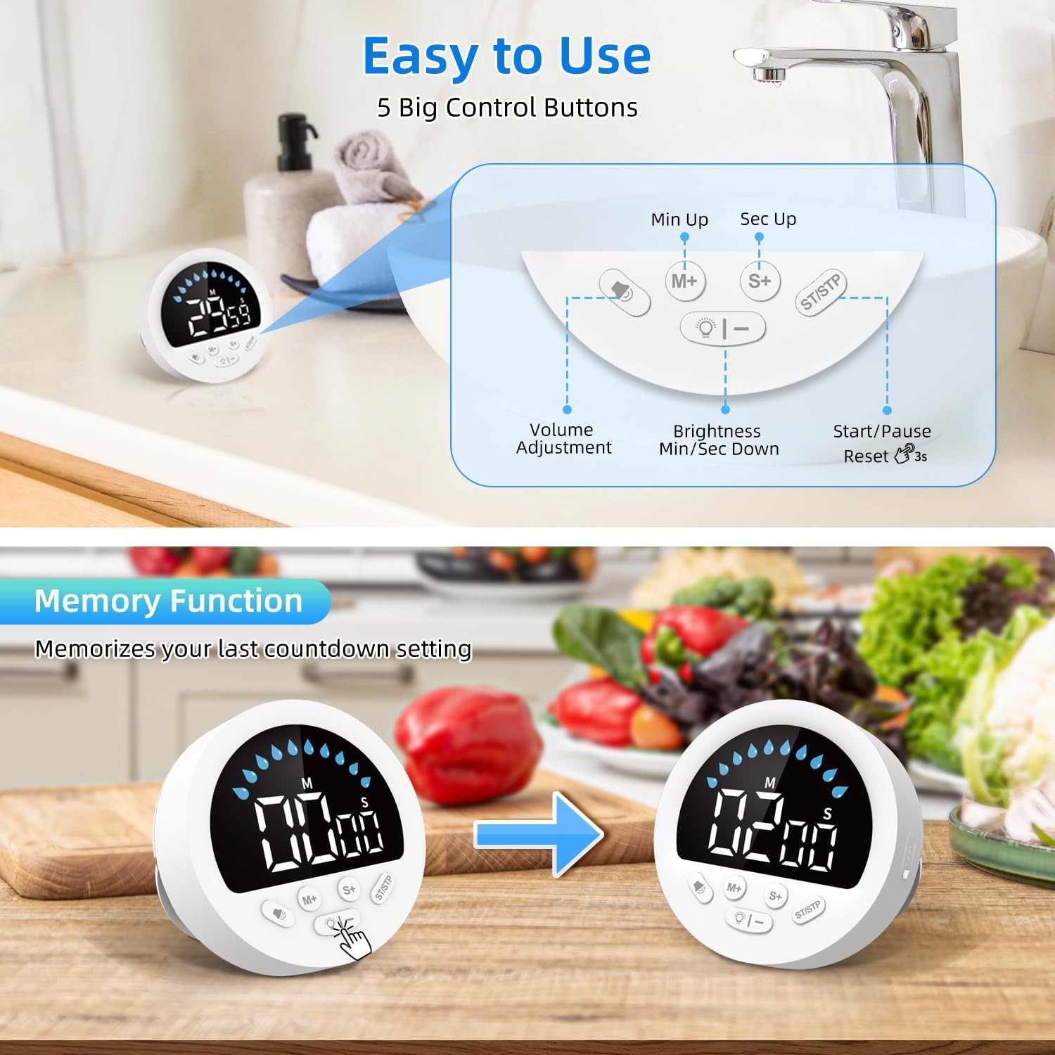 Waterproof Shower Countdown Timer: Large LED Display, ADHD Tool for Kids Adults,