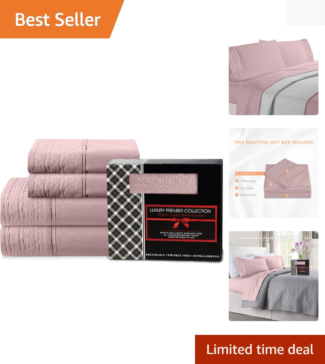 Luxurious 4-Piece Quilted King Sheet Set - 1500 Thread Count, Wrinkle Resistant