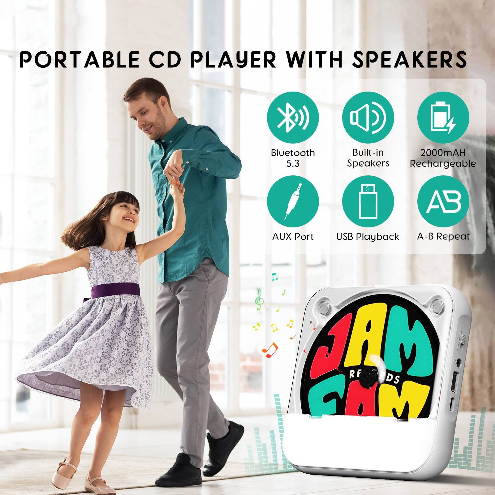 5V2A Bluetooth 5.3 Multi-function CD Player W/Wired Earphone CD/USB/3.5mm AUX