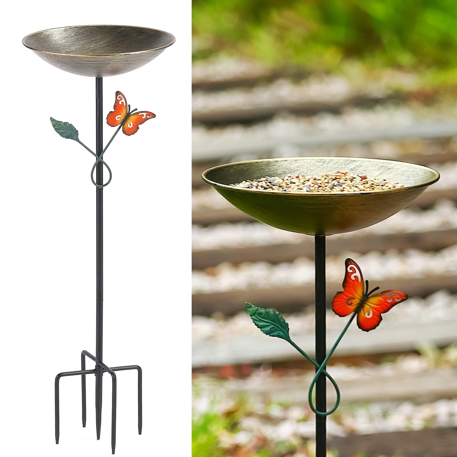 CaliDecor 31.9”H Metal Bird Baths for Outdoors, Free Yellow/ With Butterfly