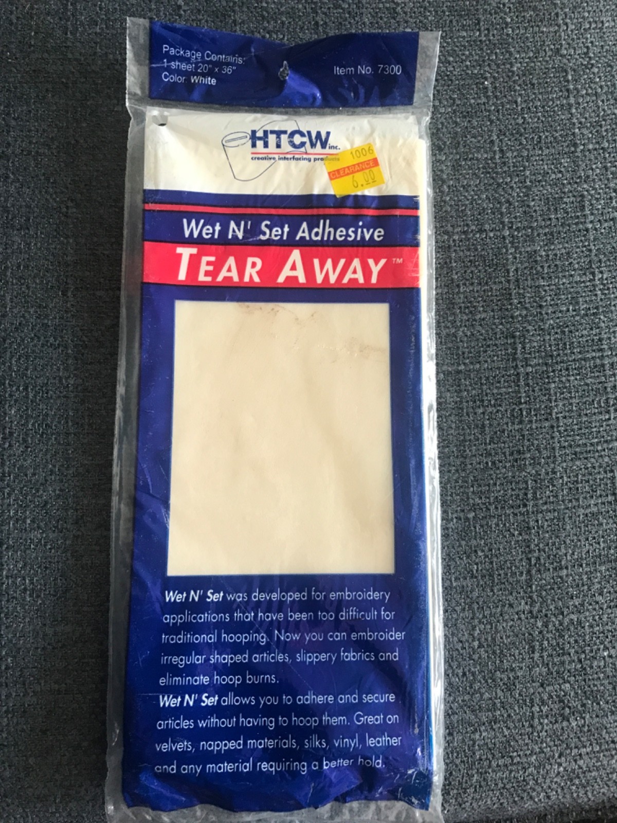 New vtg  HTCW Wet N’ Set  Embroidery Adhesive Tear Away Stabilizer 20x36” white