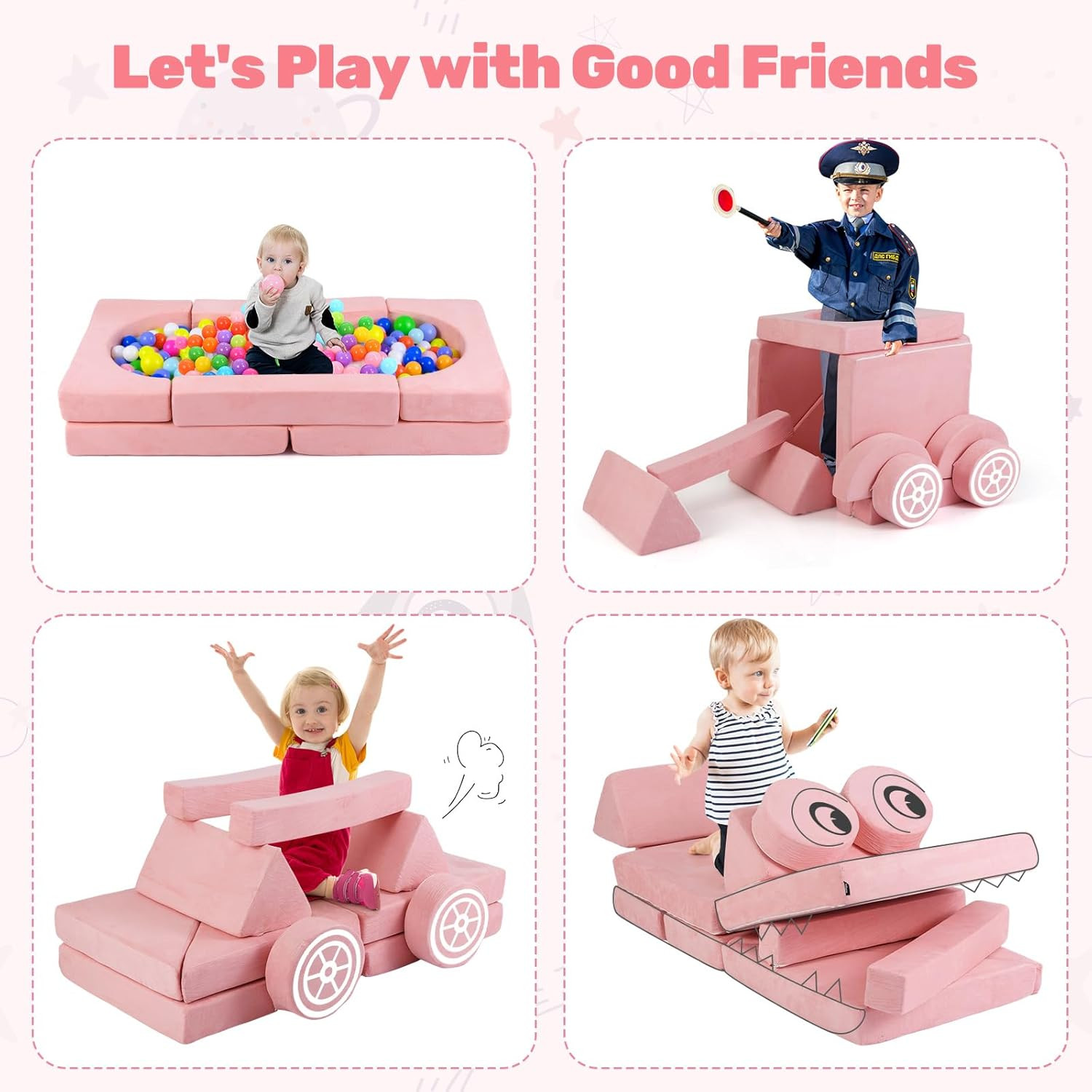 Modular Kids Play Couch - 13 PCS Soft Foam Sectional Sofa for Playroom (Pink)