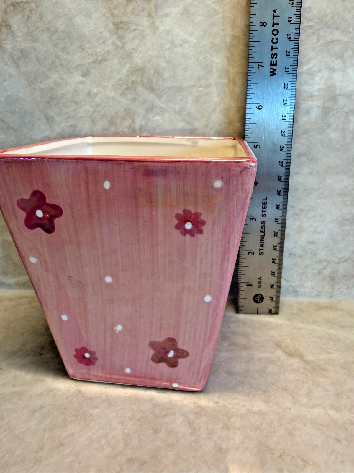 Glazed Ceramic Pink Square Planter Iridescent with flowers (Sh6)