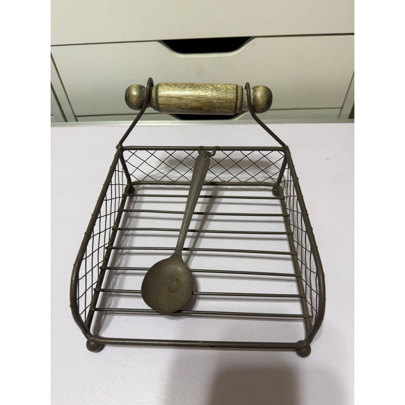 Rustic Wire Napkin Holder Wood Handle Hinged Spoon Weight Farmhouse