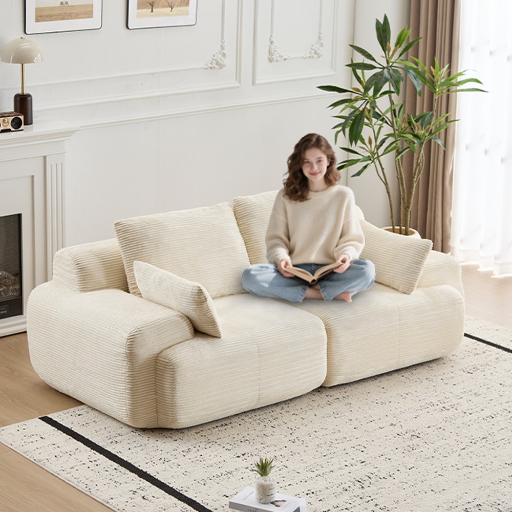 Modern Memory Foam Sofa, 2-Seater Corduroy Sectional w/ Deep Seat, Beige