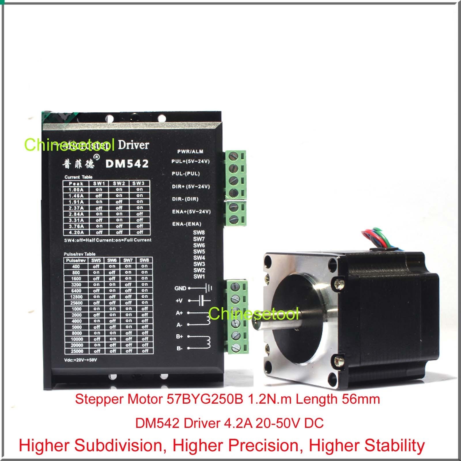 Stepper Motor 57BYG250C 1.8 N.m Length 76mm + Microstep Driver DM542 4.2A 20-50V