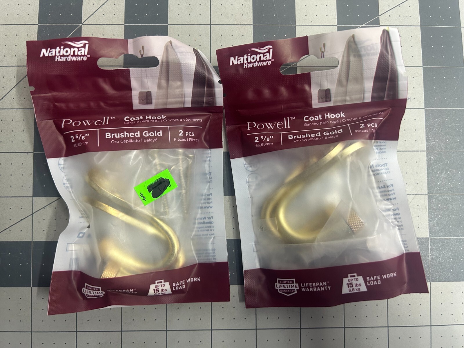 2-pack lot 2-pc National Hardware N337-911 Powell Knurled Wall Hook Brushed Gold