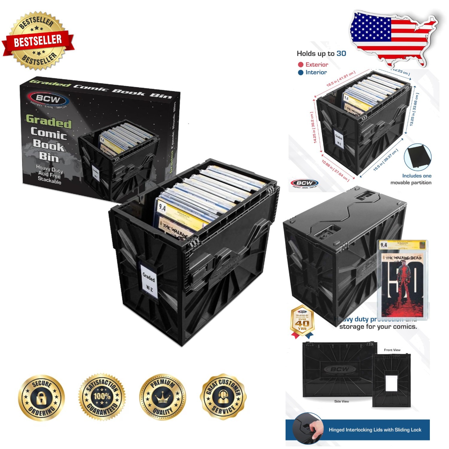 Black Graded Comic Holder Bin | 30 Slab Capacity | Heavy-Duty Acid-Free Plastic