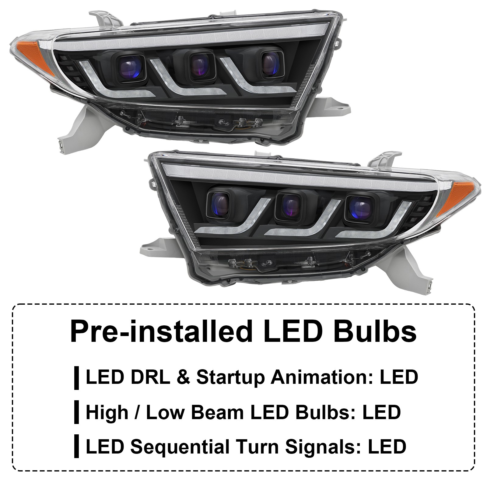 Triple LED Projector Headlights w/Sequential For 2011 2012 13 Toyota Highlander