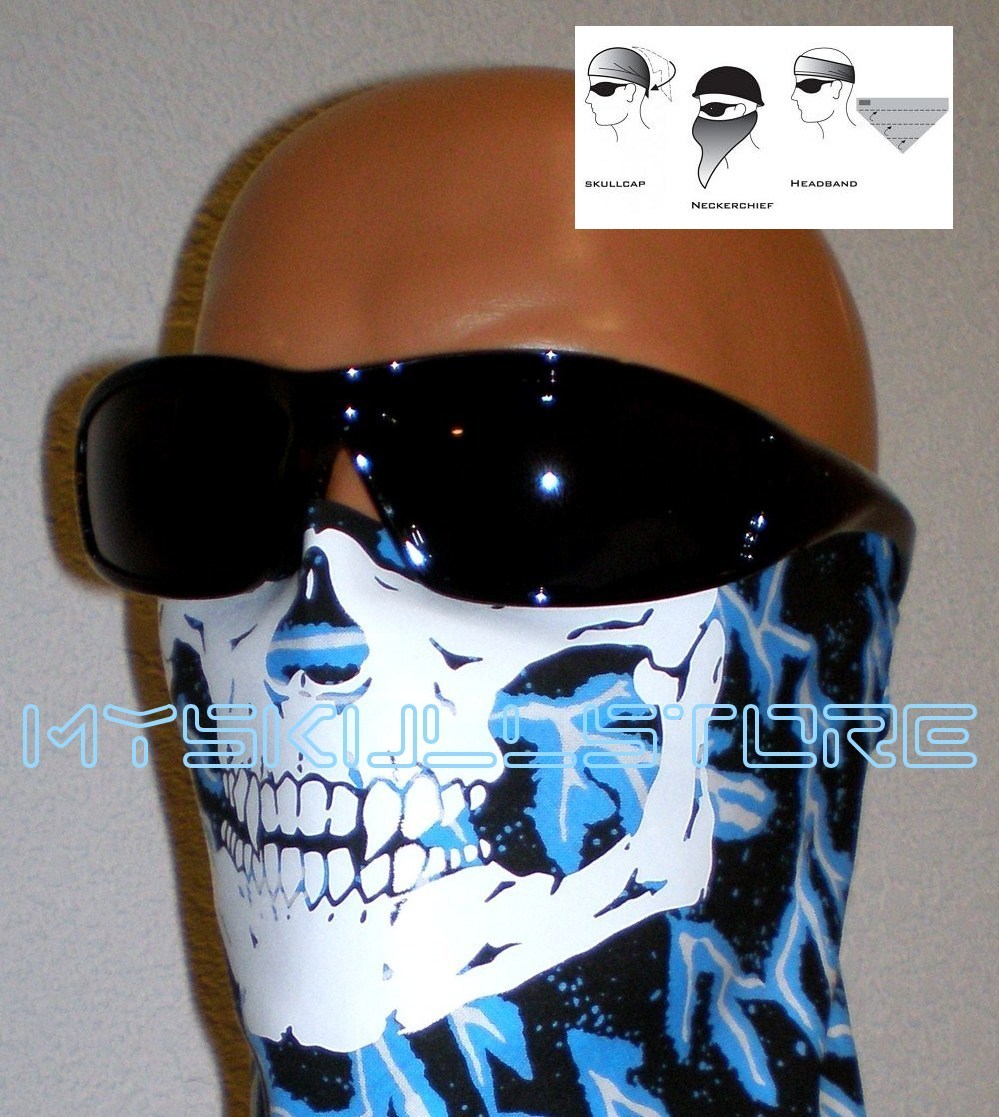 ADULT SKULL HALF FACE MASK  ADJUSTABLE CLOSE COTTON BANDANNA BIKER GHOST BLUE
