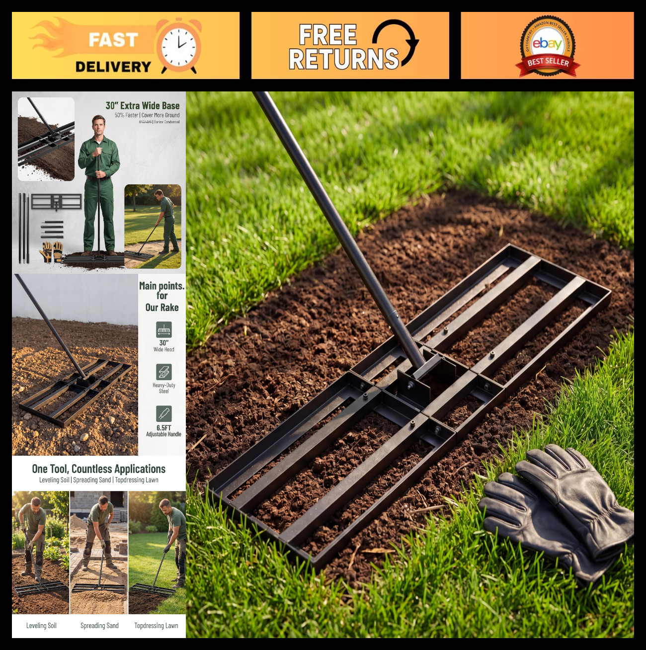 Heavy Duty Lawn Leveling Rake 30"x10" - Extra Long 6.5FT Handle, Stainless Steel