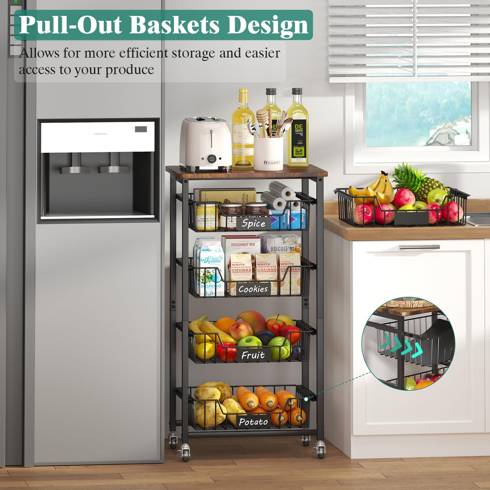 5tier Vegetable Fruit Basket Kitchen Storage Rolling Cart On Wheels With Pullout