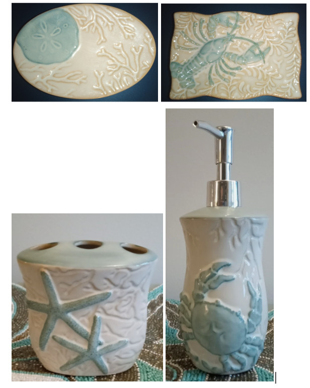 Lot of 4Cracker Barrel Coastal Toothbrush Holder, Soap Dishes and Soap Dispenser