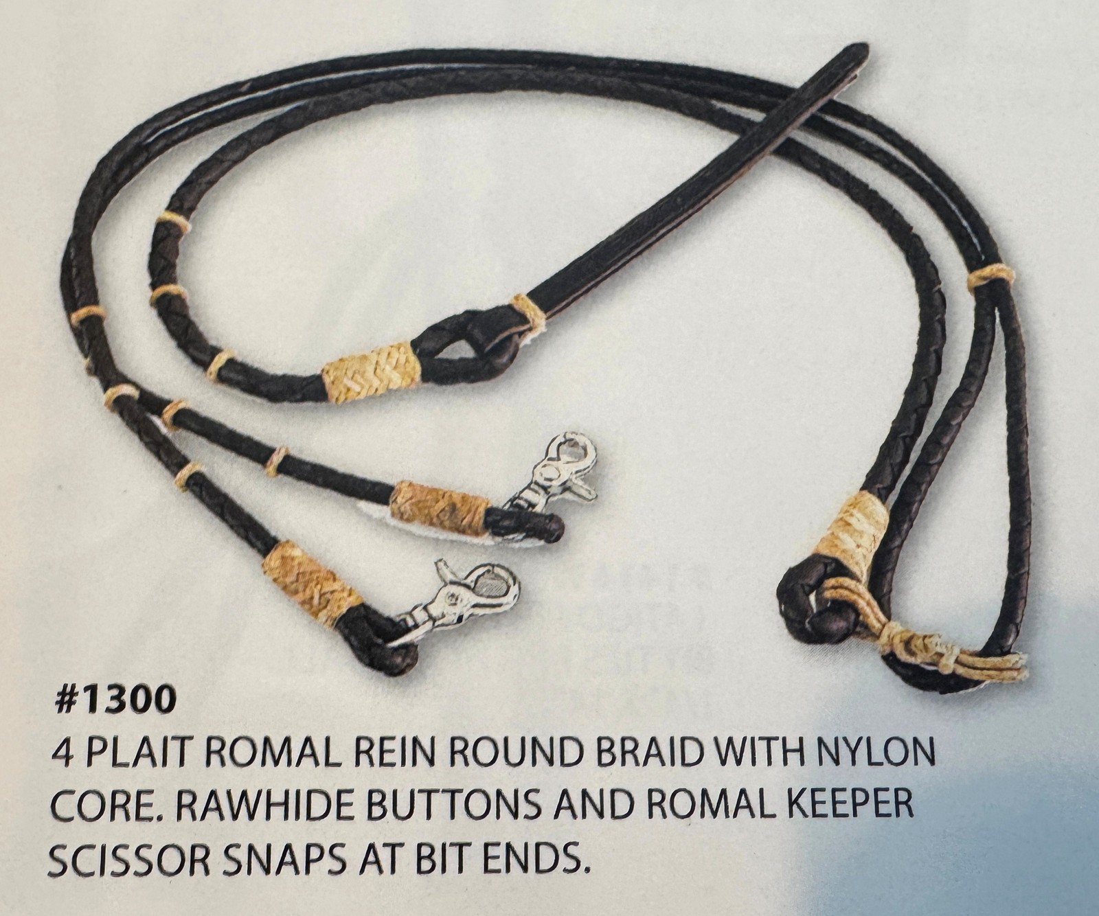 4-Plait Romal Rein – Round Braid with Nylon Core and Rawhide Buttons