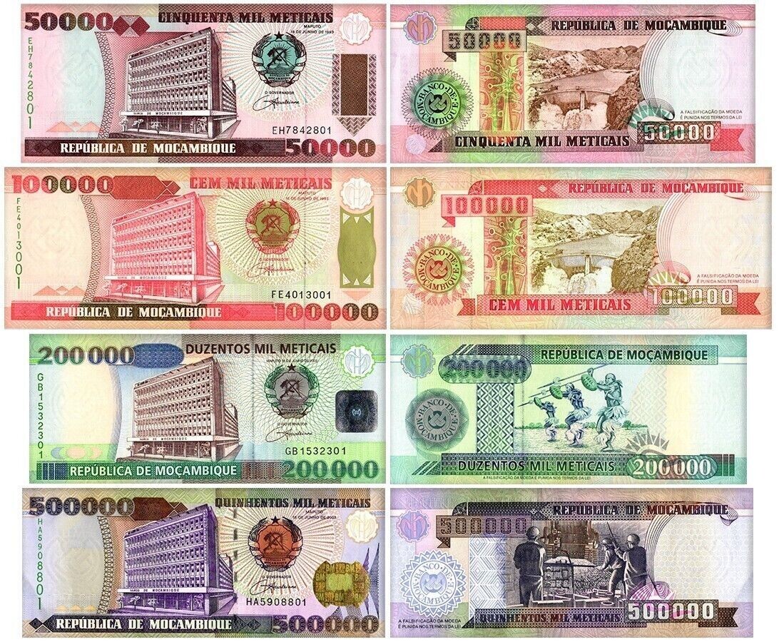 Mozambique 4 Pcs SET, 50000 100000 200000 500000 Meticais 1993 2003, UNC