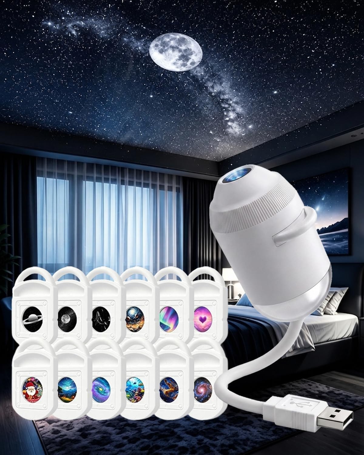 Plug and Play HD Star Projector Night Light, USB Galaxy Ocean Ceiling Projector