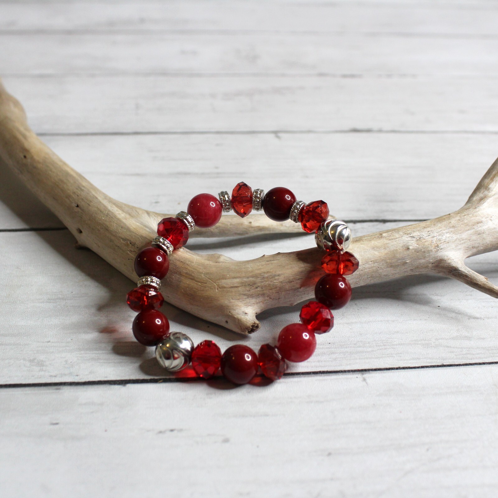 Handcrafted Women's Beaded Elastic Stretch Bracelet Artisan Jewelry Red Silver