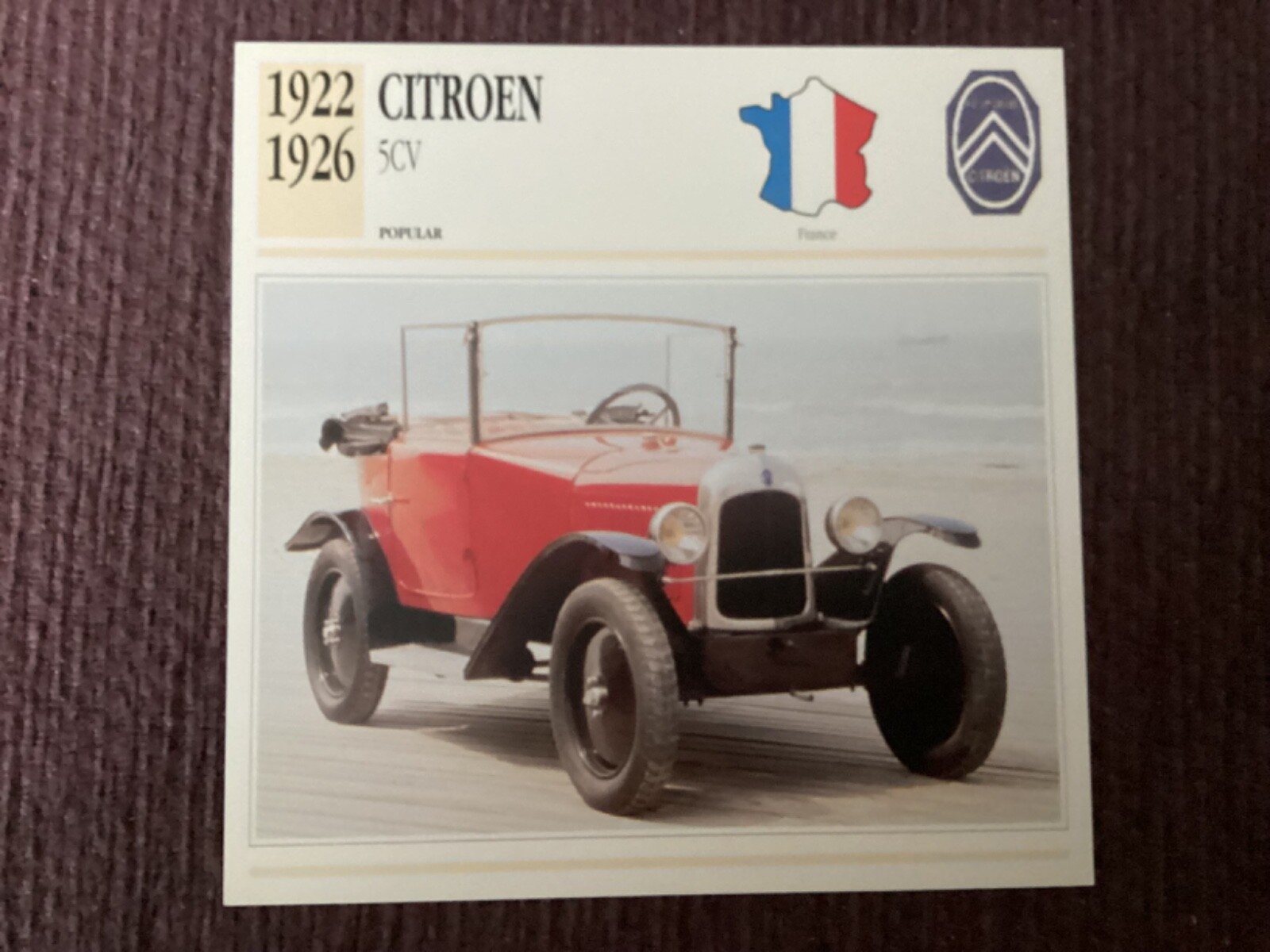 Citroen 5CV,    1922-26,     Popular Class Car, France, Collectors Card